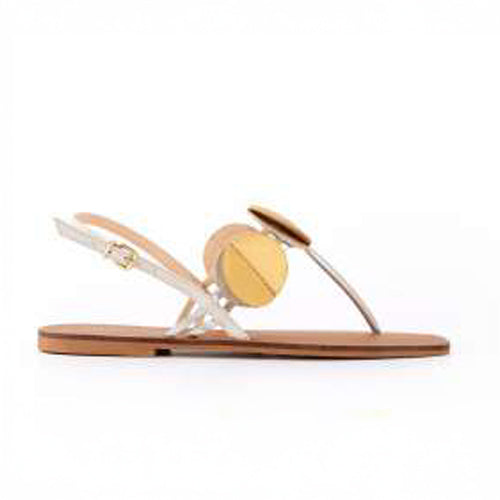 Stylish tan and metallic silver sandal with a bold yellow circular accent and adjustable T-strap. Set against a white background