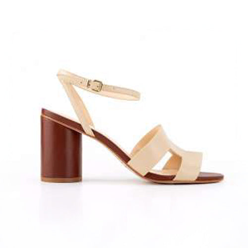 Beige leather strappy high-heeled sandals with a brown wide block heel and ankle strap on a white background.
