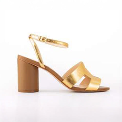 Gold strappy high-heeled sandals with a wide block heel and ankle strap on a white background.