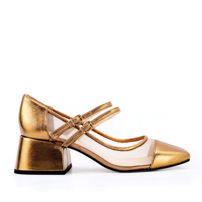 Bronze leather heel with mesh panels, featuring double straps and gold buckles on a stylish block heel.
