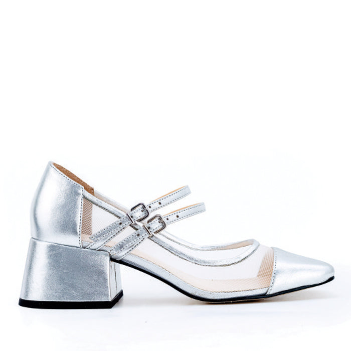 Silver pointed heel with mesh panels, featuring double straps and silver buckles on a stylish block heel.