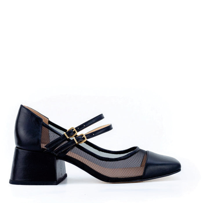 Black leather heel with mesh panels, featuring double straps and gold buckles on a stylish block heel.