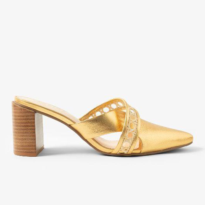 Gold heeled mules with a pointed toe and a straw weaved pattern, featuring a chunky wooden heel on a plain white background.