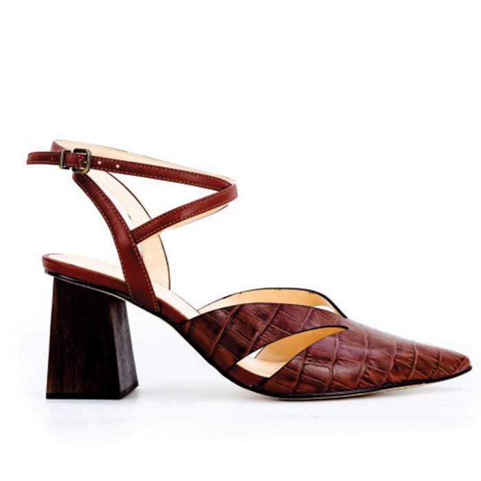 Brown quilted leather high-heeled sandal with a closed toe, stylish cutouts and crisscross ankle straps, featuring a sturdy block heel.