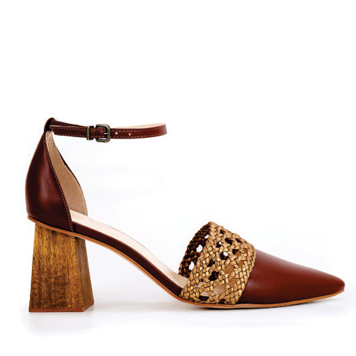 Brown heeled sandal with a bronze woven strap and ankle buckle, showcasing a stylish design with a wooden block heel.