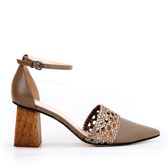 Black heeled sandal with a silver woven strap and ankle buckle, showcasing a stylish design with a wooden block heel.