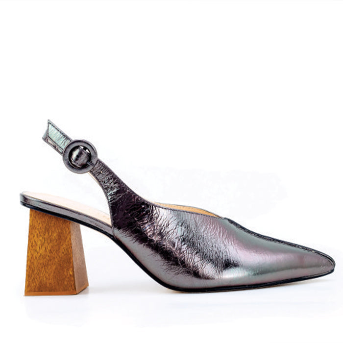 Shiny carbon slingback heel with a pointed toe and wooden block heel, featuring a buckle closure and a pointed toe design against a solid white background