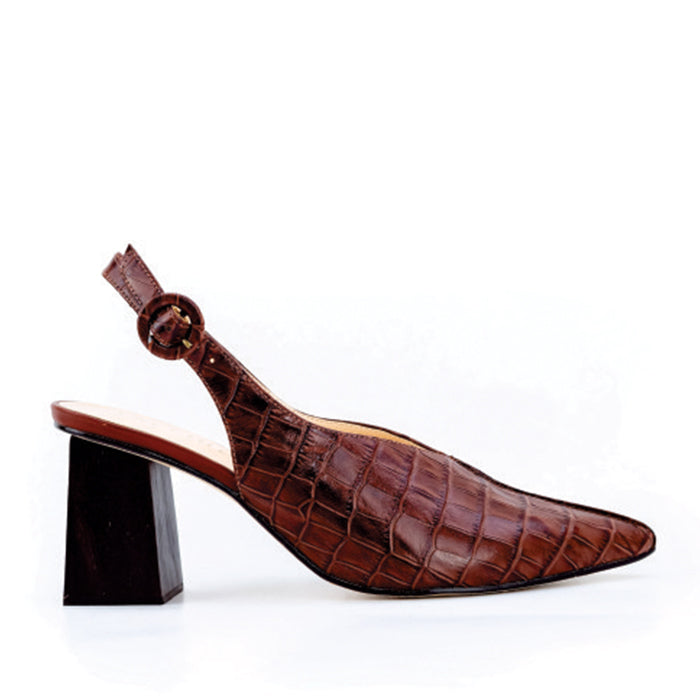 Brown Leather slingback shoe with a textured leather surface and a wooden heel, featuring a buckle closure and a pointed toe design against a solid white background