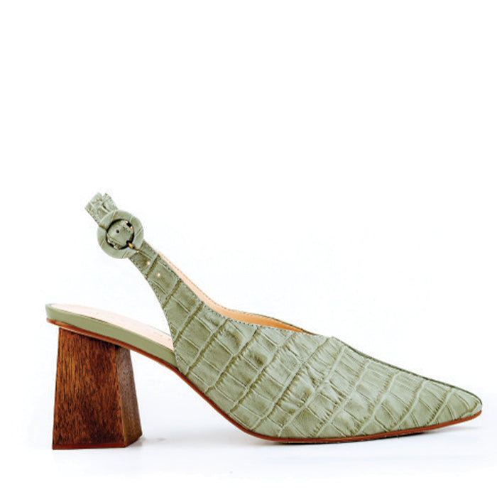 Light green slingback shoe with a textured leather surface and a wooden heel, featuring a buckle closure and a pointed toe design set against a solid white background
